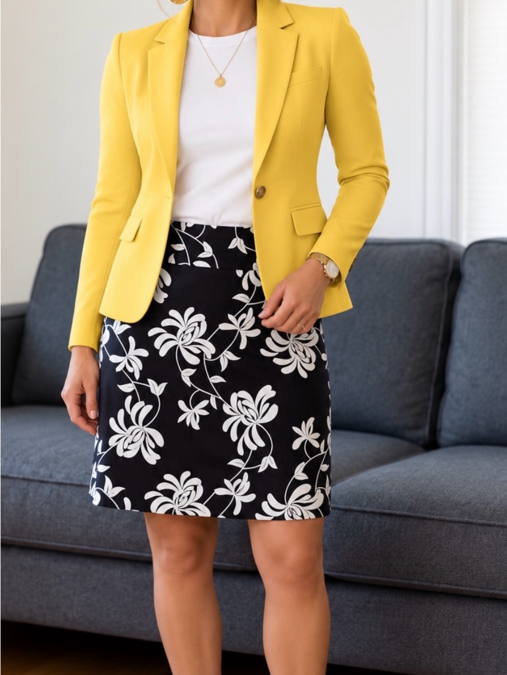 Black & White Floral Midi Skirt - Women's Elegant Workwear